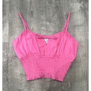 WAYF Pink Smocked Crop Top Tie Front Spaghetti Strap Ruffle‎ Hem Small